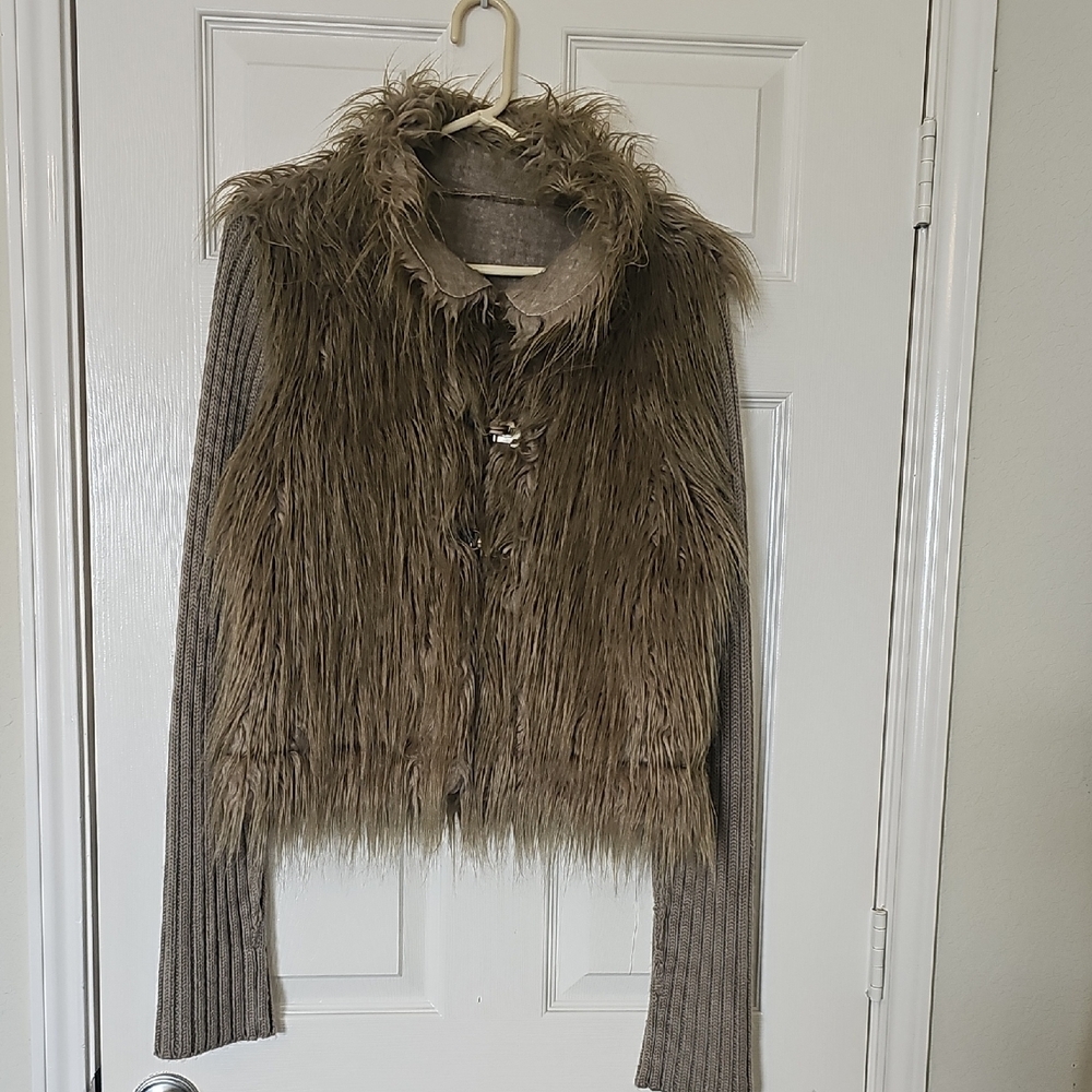 Faux Fur Hybrid Jacket Ribbed Sleeves Quiet Luxury Neutral Beige M To Large